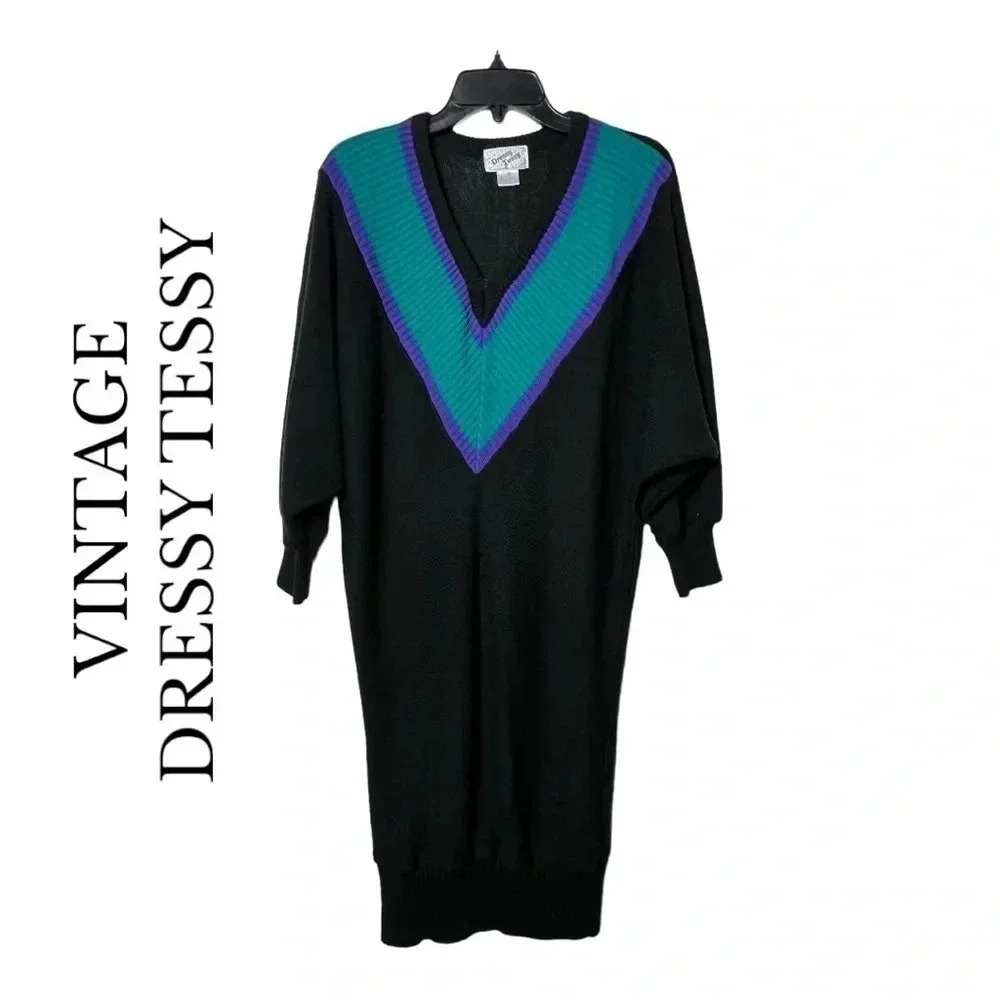 1481. VINTAGE 80s DRESSY TESSY LONG‎ SLEEVE SWEATER MIDI DRESS SMALL BLACK/TEAL